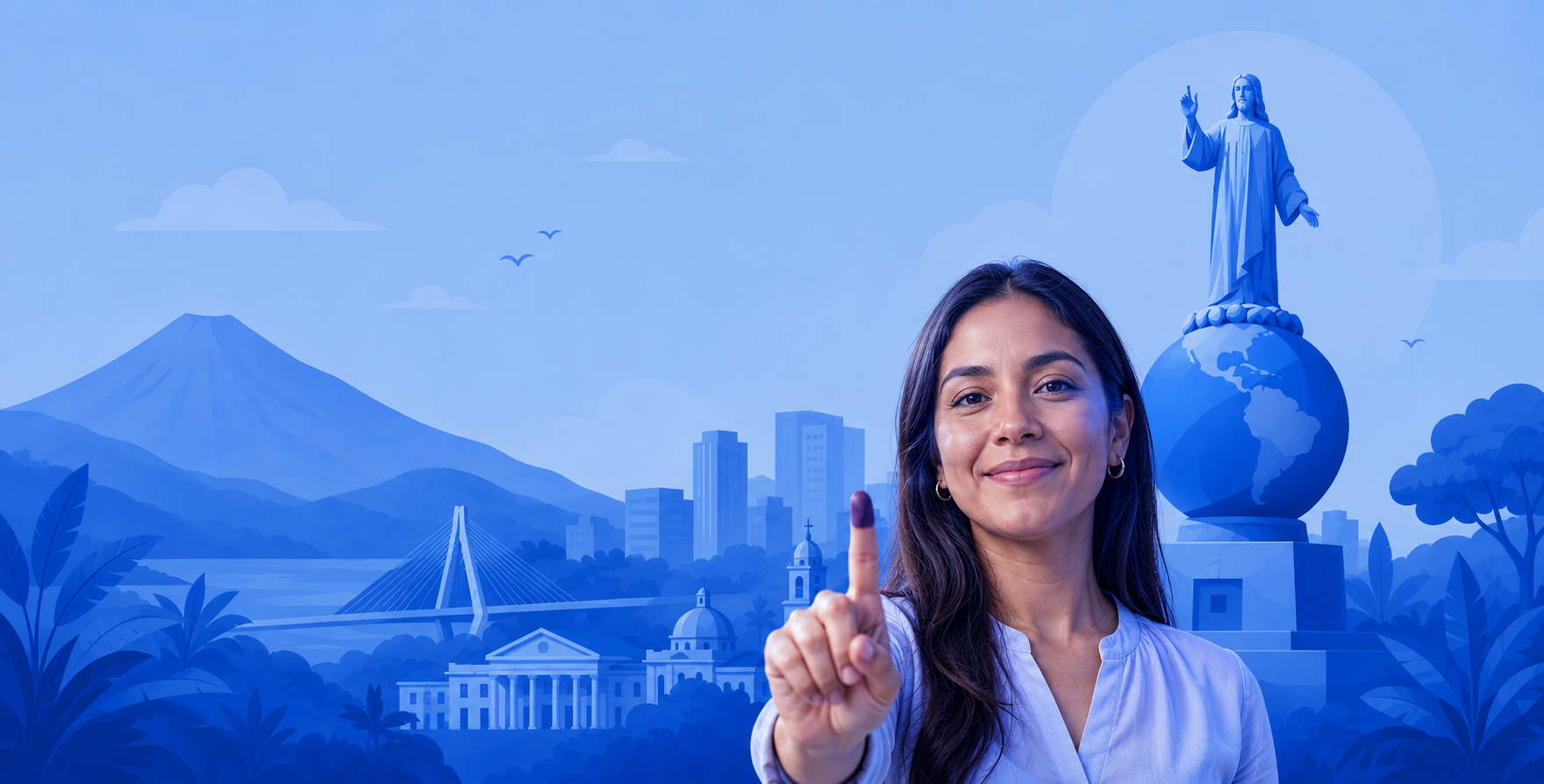 Mujer salvadoreña mostrando su dedo marcado después de votar